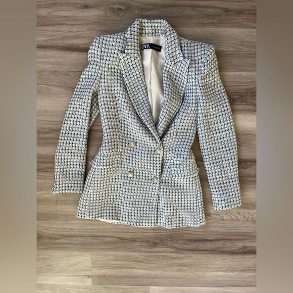 Zara Small Blue Double Breasted Blue Tweed Blazer - Picture 2 of 6
